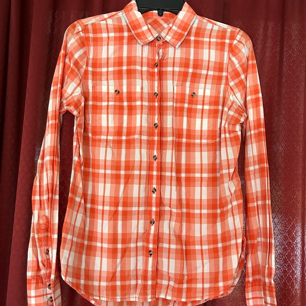 Women’s long sleeve button down orange/white size medium